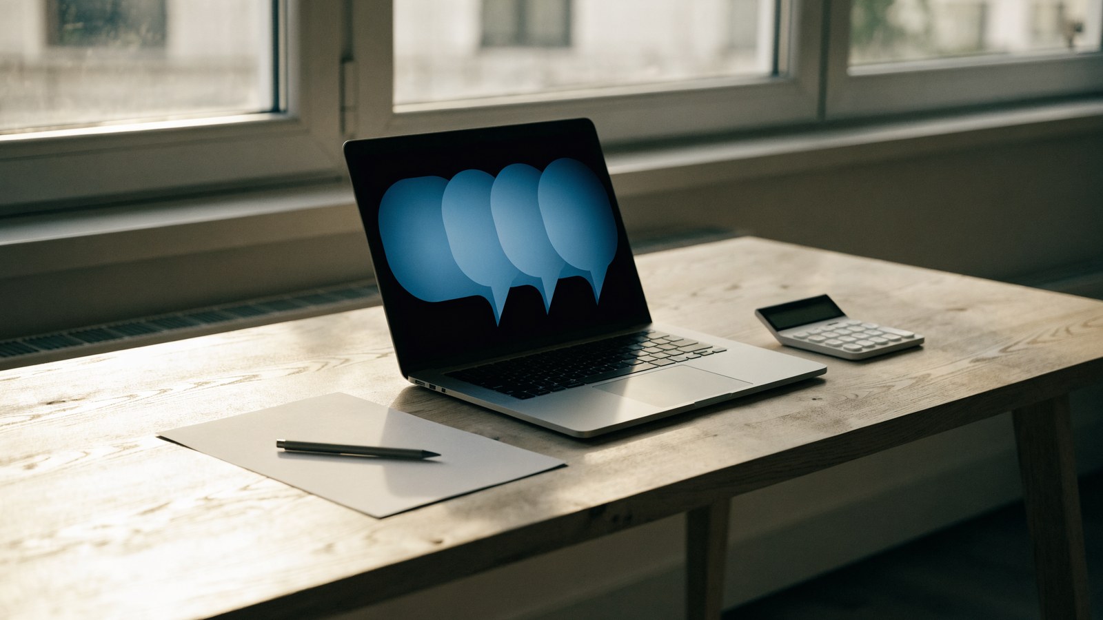 A tidy desk with a laptop showing soft glowing chat bubbles, a blank sheet of paper, a pen and a calculator.